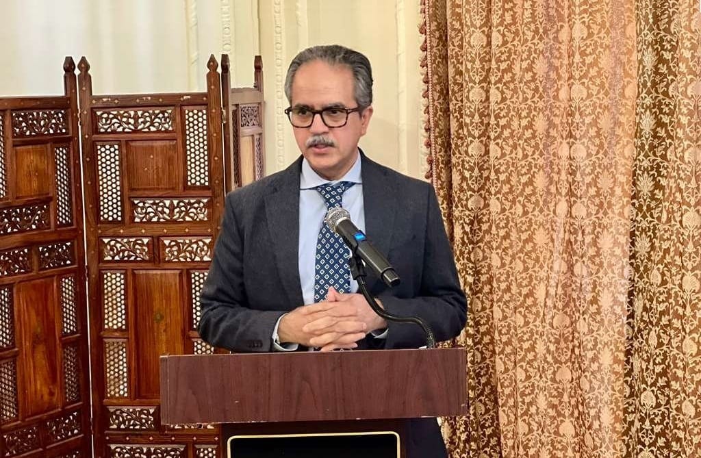 Pakistan’s Ambassador to the United Nations Asim Iftikhar Ahmad speaks during a May 11 briefing with a visiting US Army War College delegation at Pakistan’s UN mission in New York. (Permanent Mission of Pakistan to the UN)