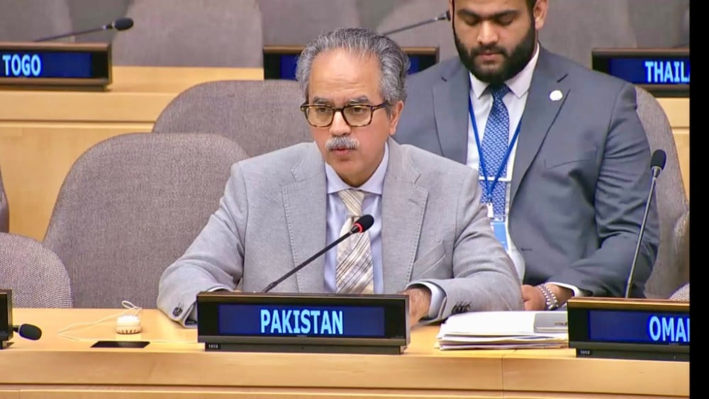 Pakistan's Permanent Representative to the United Nations, Ambassador Asim Iftikhar Ahmad, addresses the informal meeting of the UN General Assembly on "Taking Stock of the Pact for the Future" at UN Headquarters in New York on July 14, 2026.
