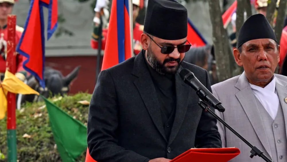 FILE: Former Kathmandu Mayor Balendra Shah (C) is sworn in as Nepal's youngest prime minister after his party won a landslide victory in the first parliamentary election since massive protests last year that ousted the government and led to an interim adm