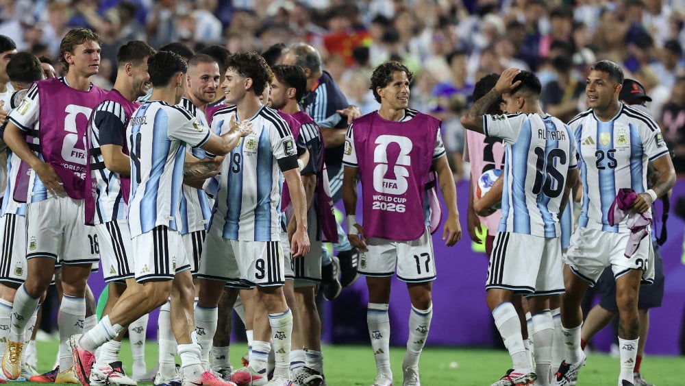 Argentina's players celebrate the 3-1 victory over Switzerland at the end of the 2026 World Cup football tournament quarter-final match between Argentina and Switzerland at the Kansas City Stadium in Kansas City on July 11, 2026. (AFP)