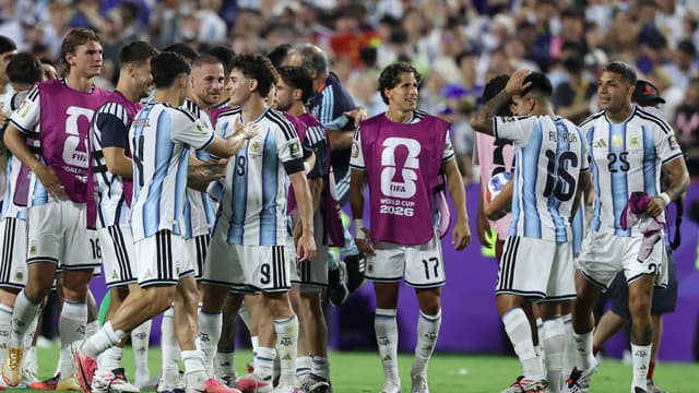 Argentina's players celebrate the 3-1 victory over Switzerland at the end of the 2026 World Cup football tournament quarter-final match between Argentina and Switzerland at the Kansas City Stadium in Kansas City on July 11, 2026. (AFP)