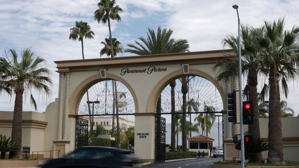 A car drives by the main gate at the Paramount Studios lot on July 13, 2026, in Los Angeles, California. (Photo: AFP)