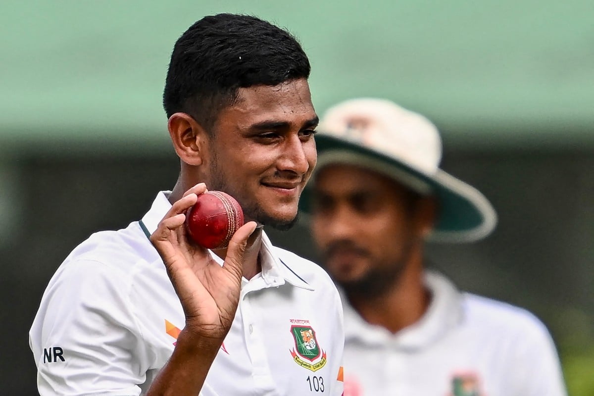 Bangladesh's Nahid Rana acknowledges the crowd after taking a five-wicket haul after his team's win at the end of the first Test cricket match against Pakistan at the Sher-e-Bangla National Stadium in Mirpur on May 12, 2026. (AFP)