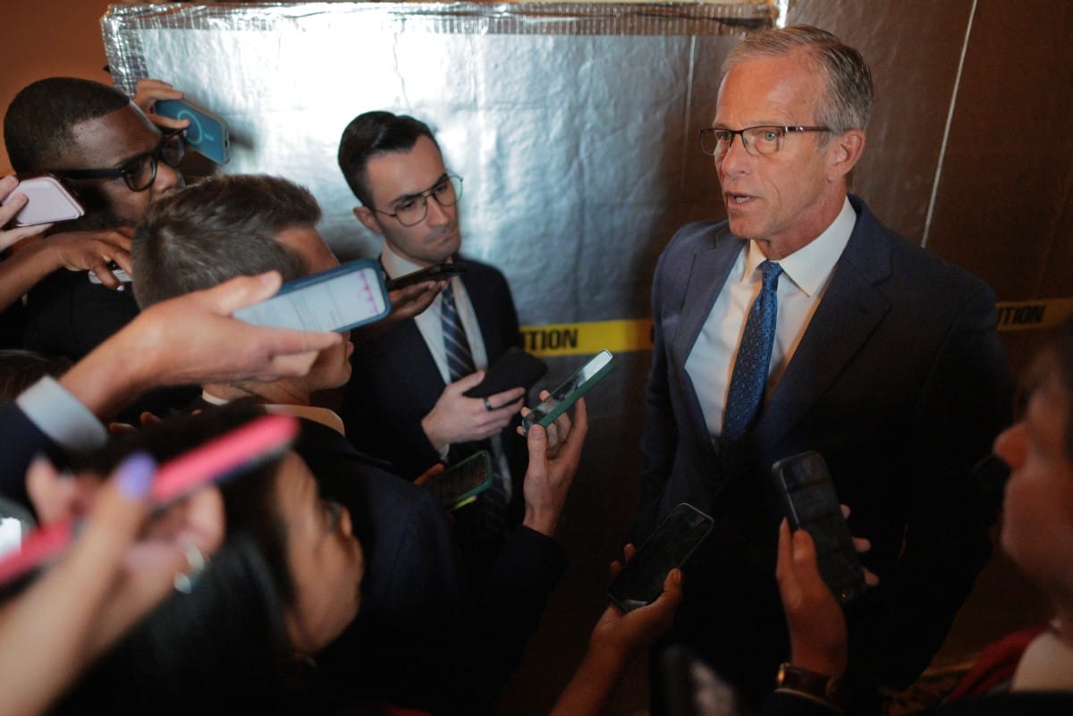 Senate Majority Leader John Thune (R-SD) talks to reporters outside his office at the beginning of the legislative week at the U.S. Capitol on June 01, 2026, in Washington, DC. (AFP)