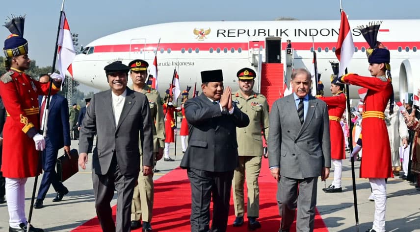 President of Indonesia Prabowo Subianto is received by President Asif Ali Zardari and Prime Minister Shehbaz Sharif upon his arrival in Islamabad for a two-day official visit to Pakistan.