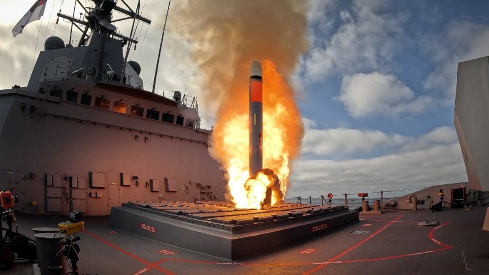 An undated handout photo received on December 10, 2024, from the Australian Defense Force shows the HMAS Brisbane firing a Tomahawk Weapon System off the west coast of the US.