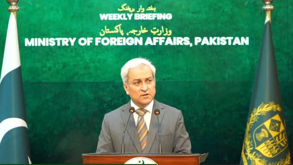Pakistan’s Foreign Office Spokesperson Tahir Andrabi speaks during a weekly press briefing at the Ministry of Foreign Affairs in Islamabad on August 27, 2026. (Screengrab/MOFA)
