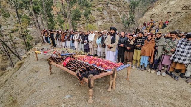 Residents offer funeral prayers for children killed in cross-border fighting in Bajaur, Khyber Pakhtunkhwa province on March 15, 2026 amid the ongoing clashes between Pakistan and Afghanistan.