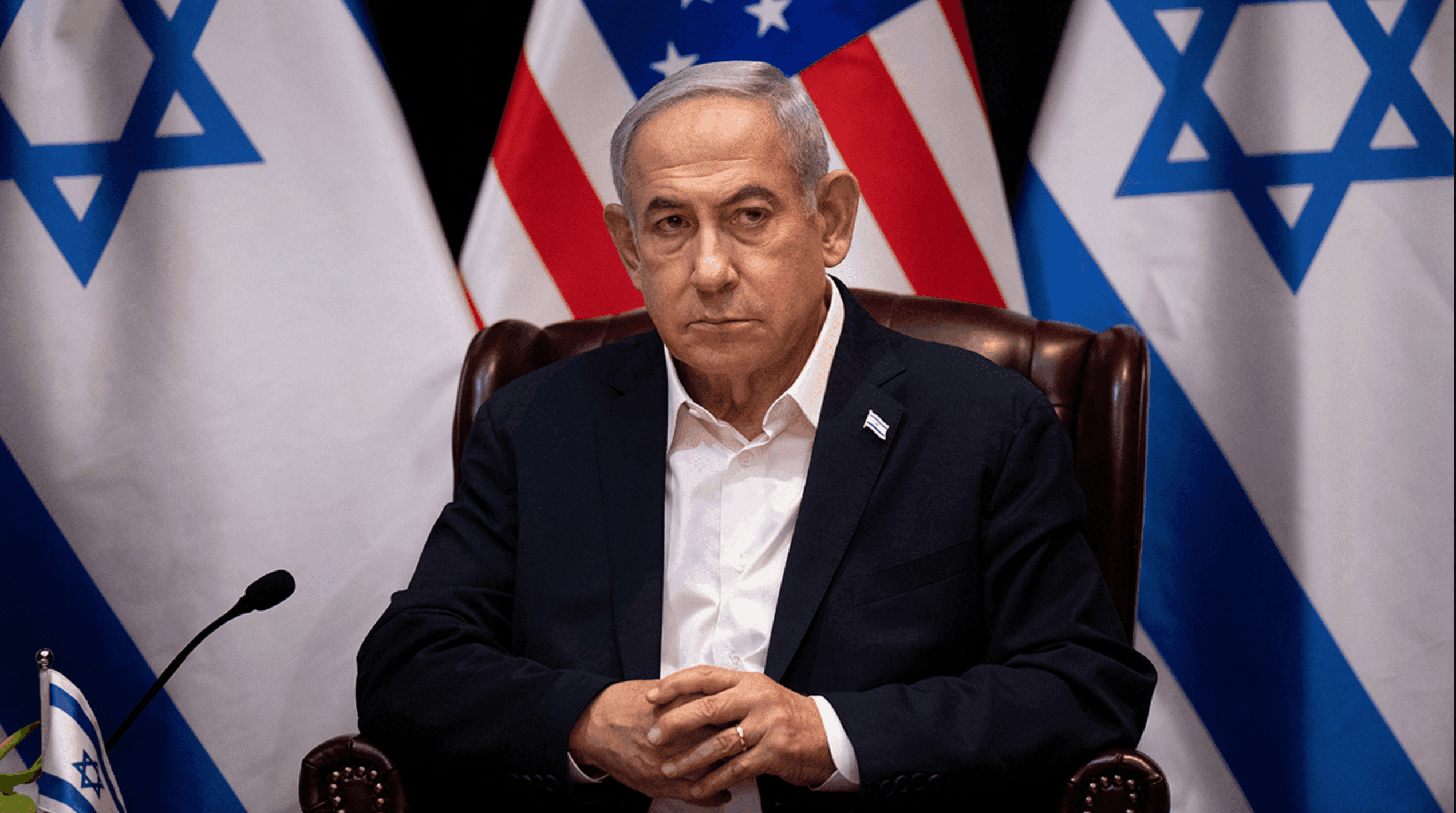 Israeli Prime Minister Benjamin Netanyahu waits for the start of an Israeli war cabinet meeting also attended by U.S. President Joe Biden on Oct. 18, 2023, in Tel Aviv, Israel. (Brendan Smialowski/AFP via Getty Images)