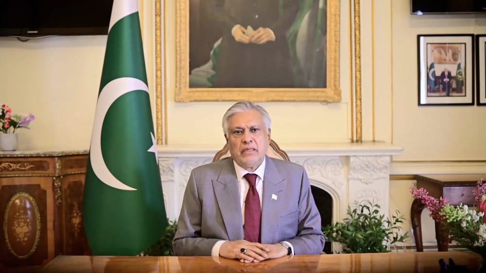 Pakistan’s Deputy Prime Minister and Foreign Minister Ishaq Dar addresses a seminar on the Indus Waters Treaty and South Asian security by video message from London, during his official visit to the United Kingdom on August 28, 2026. (MOFA/X)