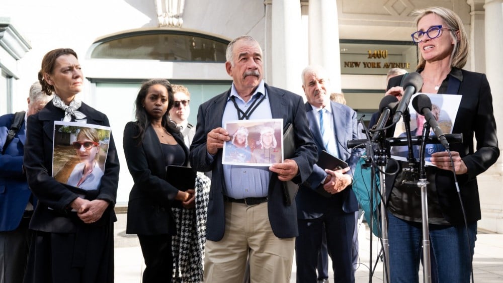 Naoise Connolly Ryan (R), whose husband Mick Ryan was killed in the Ethiopian Airlines Flight 302 Boeing 737 MAX crash, stands with other family members of victims outside a government office in Washington, DC, April 24, 2024. (File photo: AFP)