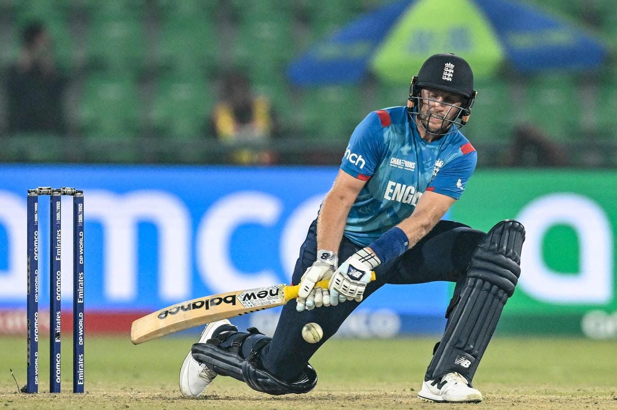 England's Joe Root plays a shot during the ICC Champions Trophy one-day international (ODI) cricket match between England and Afghanistan at the Gaddafi Stadium in Lahore on February 26, 2025. (AFP)