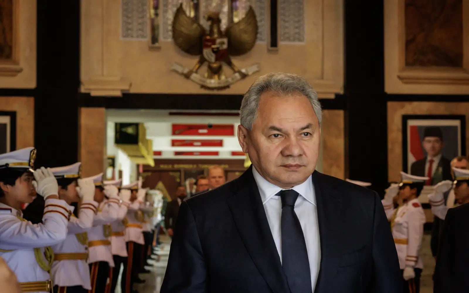 Russia's Security Council Secretary Sergei Shoigu leaves after his bilateral meeting with Indonesia’s Defence Minister Sjafrie Sjamsoeddin at the Defence Ministry in Jakarta on February 25, 2025. (AFP)
