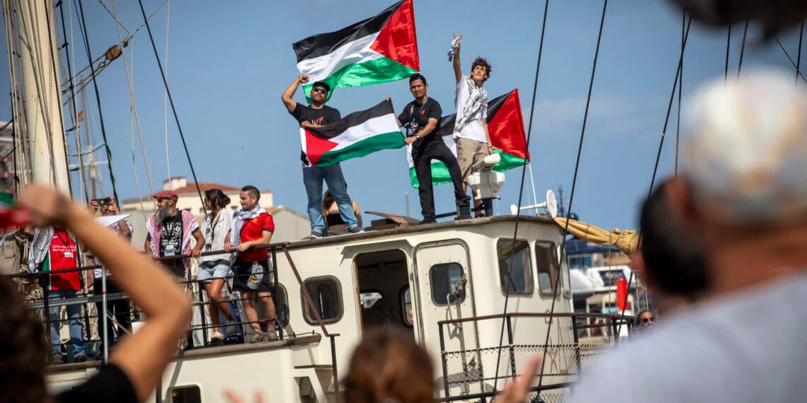 FILE: The Global Sumud Flotilla sets sail from Barcelona towards Gaza, in Barcelona, Spain, on August 31, 2025. Hundreds gather at Moll de la Fusta to bid farewell to the flotilla, with dozens of boats and thousands of supporters wearing kufiyas (Palestin