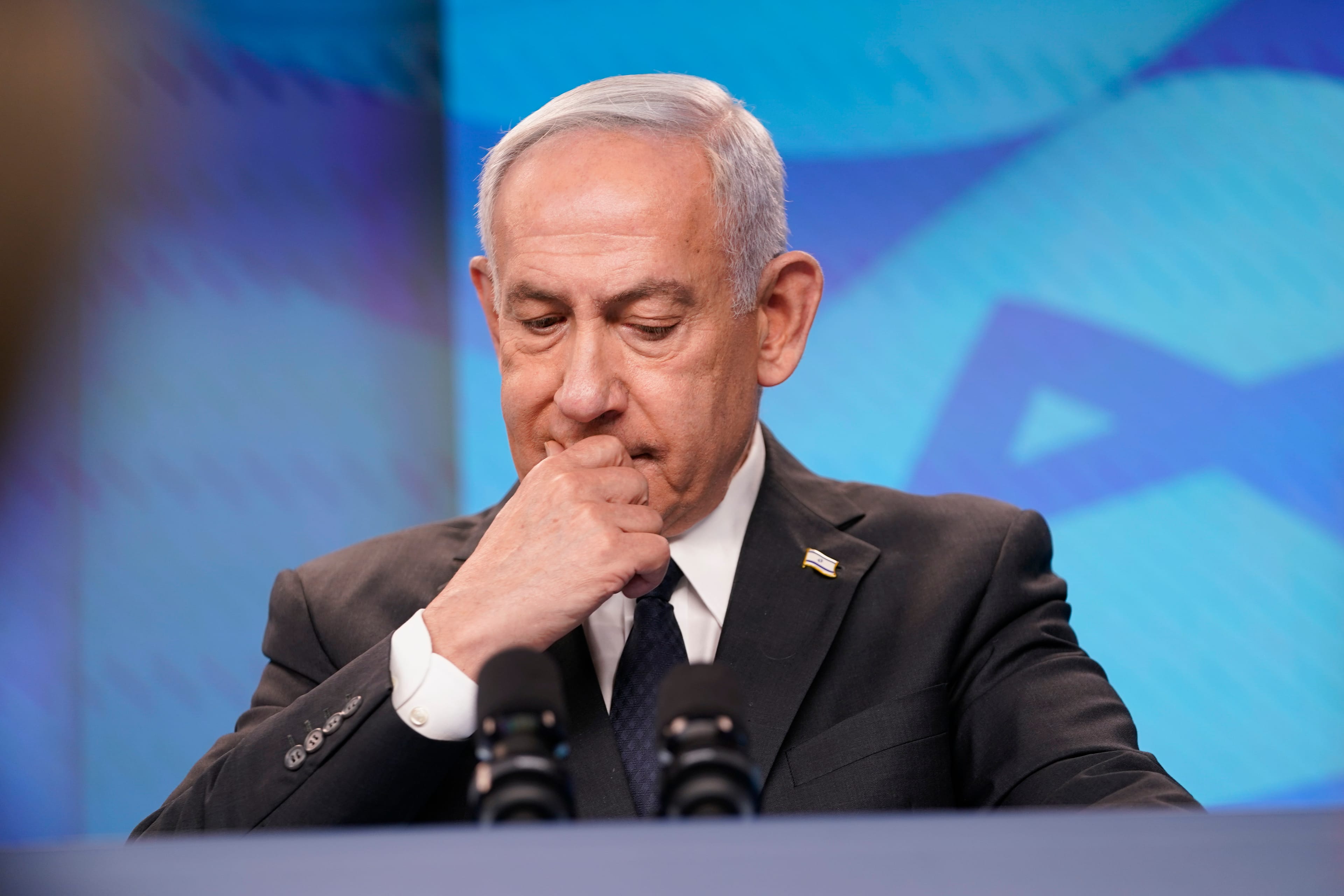 Israeli Prime Minister Benjamin Netanyahu reacts at a joint press conference with US Secretary of State Marco Rubio (not pictured) at the Prime Minister's Office, in Jerusalem