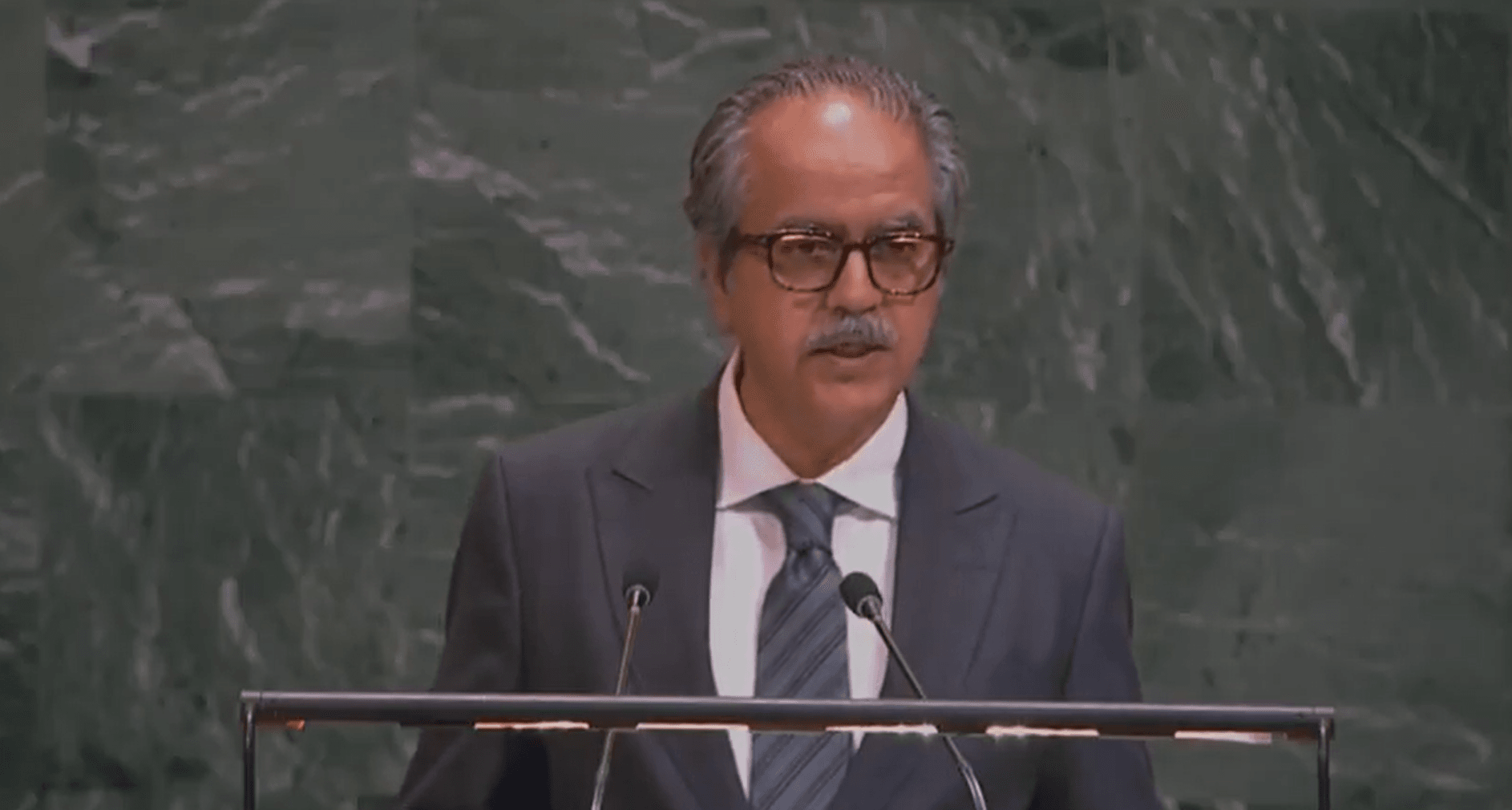 Pakistan’s Ambassador to the United Nations Asim Iftikhar Ahmad speaks during a UN General Assembly debate on the Strait of Hormuz, on April 16, 2026. (Permanent Mission of Pakistan to the UN/X)