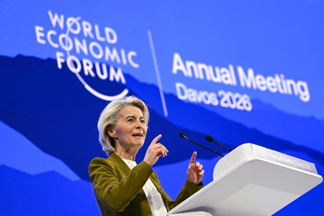 European Commission President Ursula von der Leyen delivers a speech during the World Economic Forum (WEF) annual meeting in Davos on January 20, 2026.(Photo by FABRICE COFFRINI / AFP)