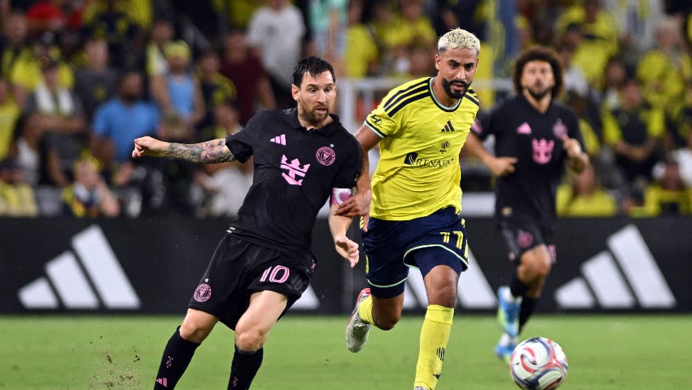 Lionel Messi #10 of Inter Miami CF is challenged by Elias Saad #11 of Nashville SC during the MLS match between Nashville SC v Inter Miami CF at GEODIS Park on August 15, 2026 in Nashville, Tennessee. (AFP)