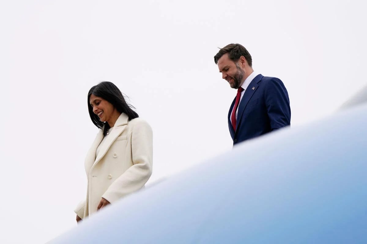 US Vice President JD Vance and Second Lady Usha Vance exit Air Force Two at Oakland County International Airport in Waterford Township, Michigan, on March 18, 2026. (AFP)