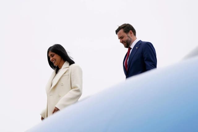 US Vice President JD Vance and Second Lady Usha Vance exit Air Force Two at Oakland County International Airport in Waterford Township, Michigan, on March 18, 2026. (AFP)