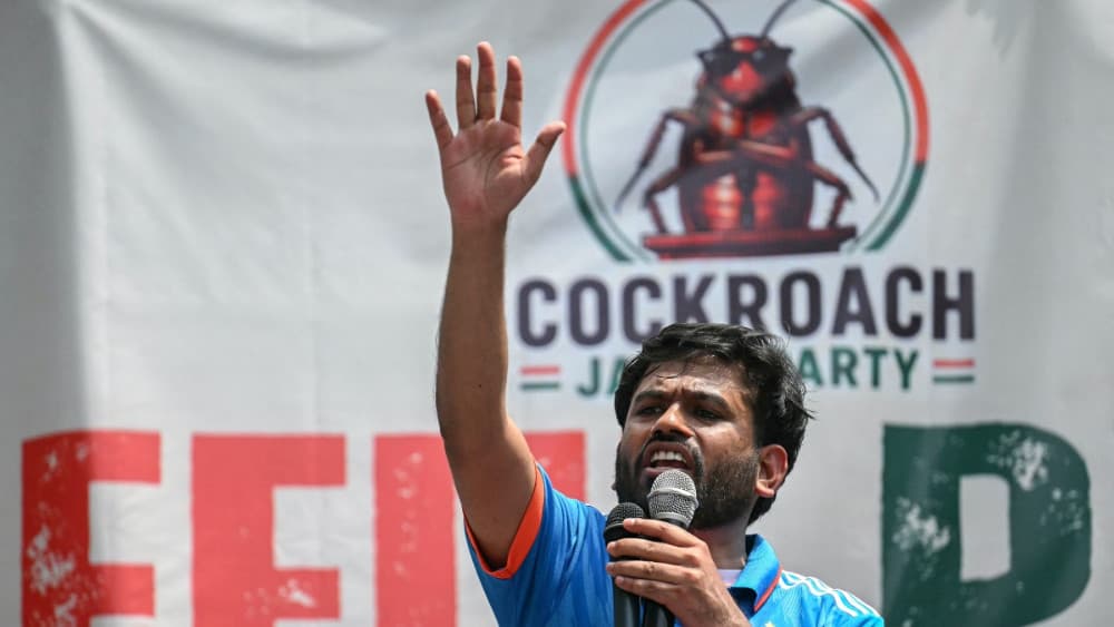 Cockroach Janta Party (CJP) founder Abhijeet Dipke addresses his supporters during a protest over alleged irregularities in the country's major examinations, in New Delhi on June 6, 2026. (AFP)