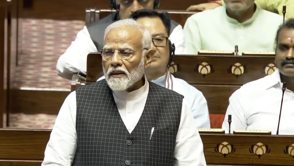 Indian Prime Minister Narendra Modi addressing Rajya Sabha (Upper House of the Parliament) on February 5, 2026. (Screengrab/Sansad TV/File)