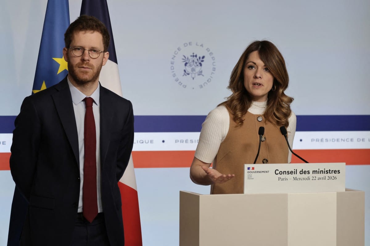 France's Government Spokesperson and junior Minister for Energy and Digital economy Maud Bregeon speaks next to France’s junior Minister for Public Accounts David Amiel during a press conference following the weekly cabinet meeting at the Elysee President