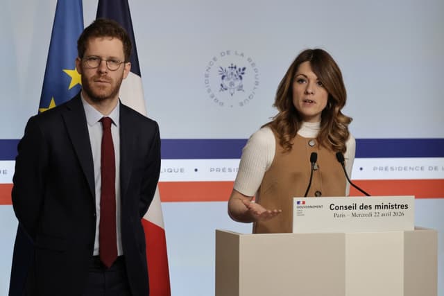 France's Government Spokesperson and junior Minister for Energy and Digital economy Maud Bregeon speaks next to France’s junior Minister for Public Accounts David Amiel during a press conference following the weekly cabinet meeting at the Elysee President