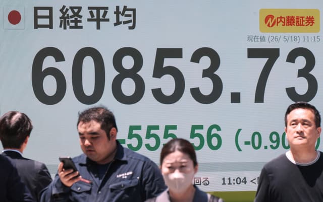 Pedestrians walk past an electronic quotation board displaying the Nikkei Stock Average on the Tokyo Stock Exchange along a street in Tokyo on May 18, 2026. (Photo by Kazuhiro NOGI / AFP) Related content