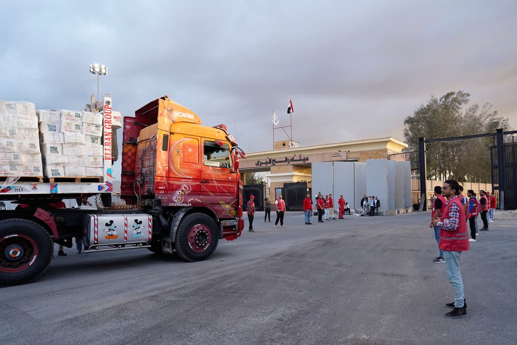 File Photo - Trucks carrying humanitarian aid enter the Rafah crossing between Egypt and the Gaza Strip, following an agreement between Israel and Hamas on a ceasefire, Sunday, Oct. 12, 2025. (AP Photo/Mohamed Arafat)