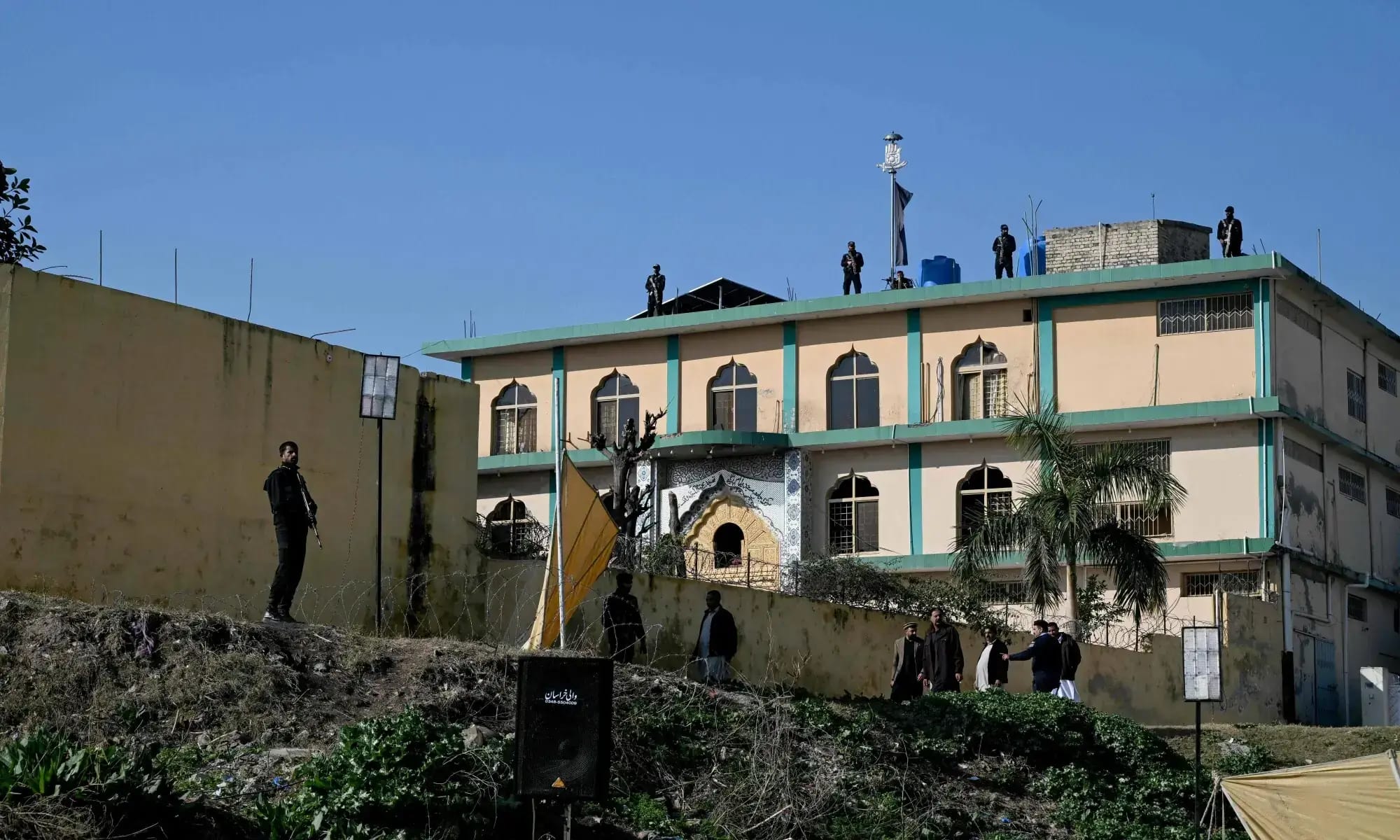 Security personnel cordon off the mosque’s perimeter in Islamabad on February 7, 2026, a day after a suicide bombing. (AFP/File)