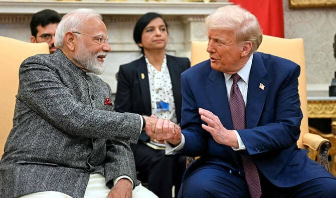 Indian Prime Minister Narendra Modi shakes hands with US President Donald Trump (right) at the White House in Washington, DC, on February 13, 2025. (AFP/File)