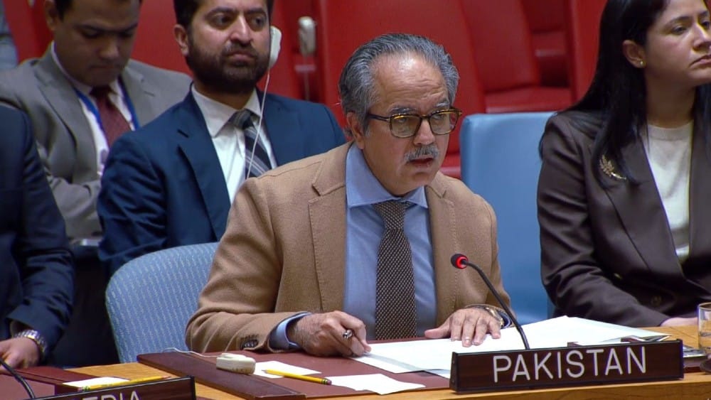 Ambassador Asim Iftikhar Ahmad, permanent representative of Pakistan to the UN, speaking at the Security Council on the situation in the Democratic Republic of Congo (DRC) on March 26, 2026. (File photo: X/@PakistanUN_NY)