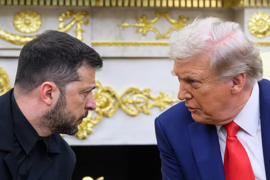 FILE: Ukraine President Volodymyr Zelensky and US President Donald Trump participate in a meeting in the Oval Office of the White House in Washington, DC, on August 18, 2025. (Mandel Ngan/AFP/Getty Images/File)