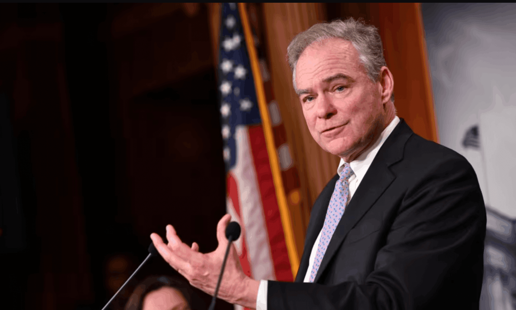 US Senator Tim Kaine speaks following the Senate's vote on the War Powers resolution, at the US Capitol in Washington, DC on February 13, 2020. (Photo by MANDEL NGAN/AFP)