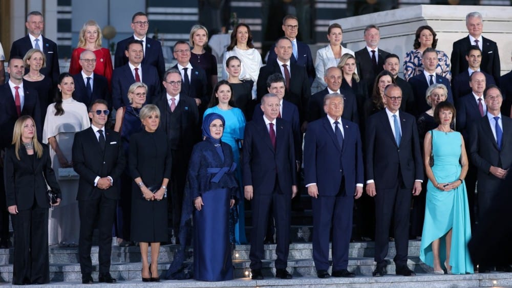 This handout picture, taken and released by the Turkish Presidential Press Office on July 7, 2026, shows heads of state and government posing during a reception at the 36th NATO Heads of State and Government Summit at the Presidential Complex in Ankara. (