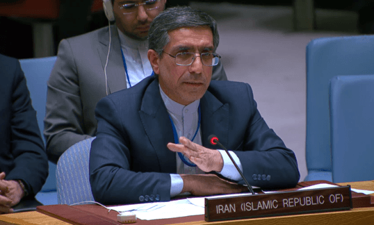 Iran’s Deputy Permanent Representative Ambassador Gholamhossein Darzi speaks at the United Nations Security Council meeting on January 15, 2026