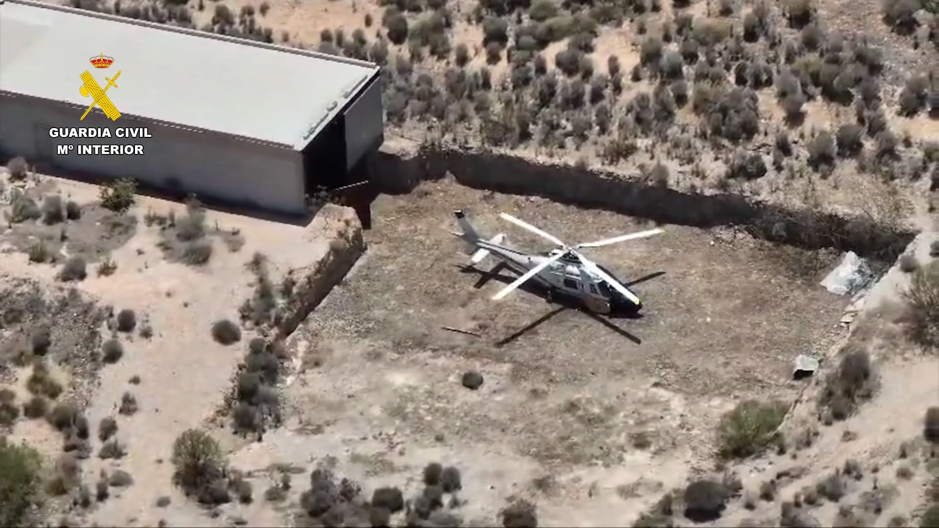 This handout photo, taken and released by Spain's Civil Guard on December 13, 2025, shows helicopter, capable of transporting between 500 and 900 kilograms of drugs, during a police raid in southern Spain. (Handout/ Civil Guard)