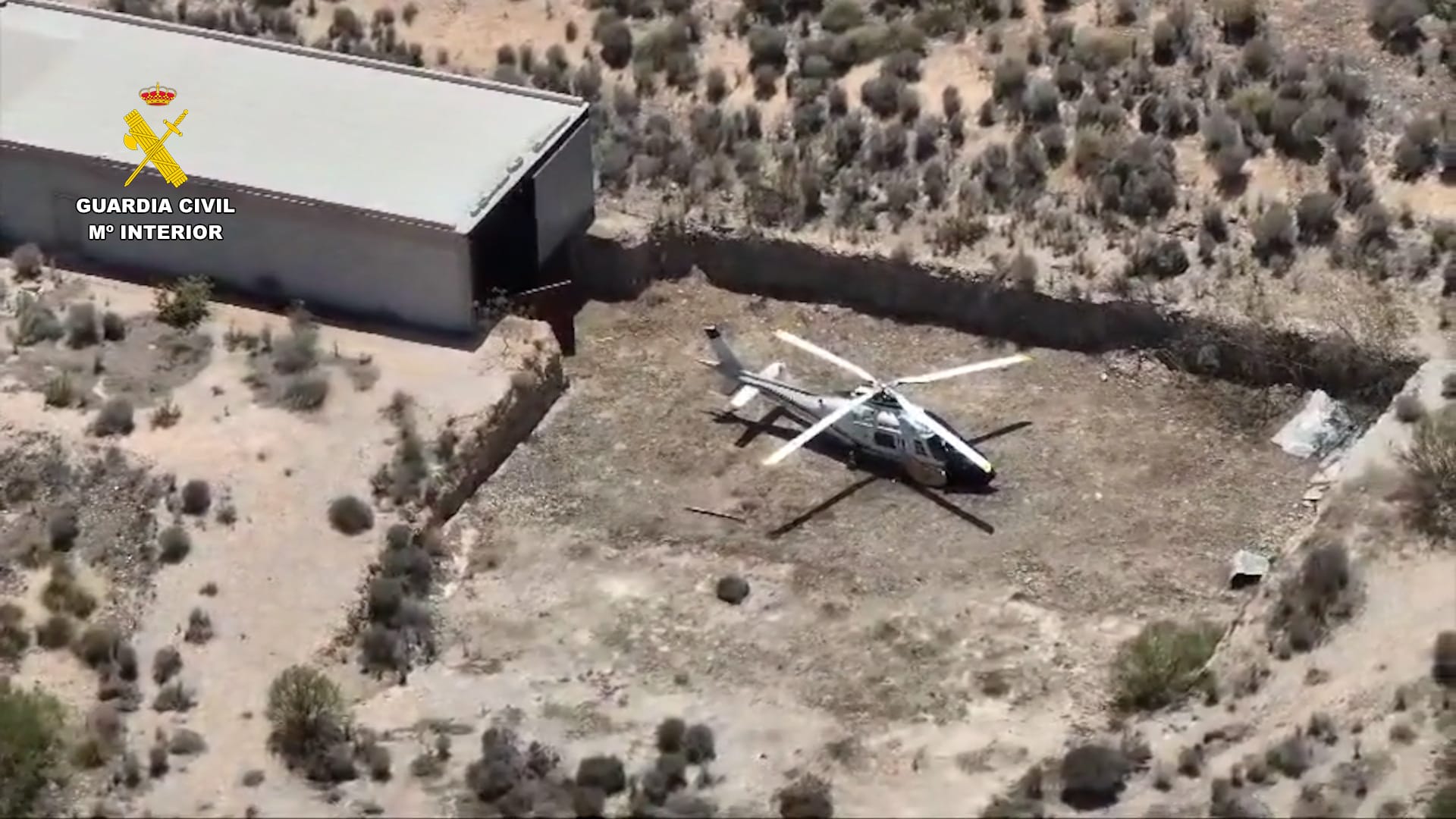 This handout photo, taken and released by Spain's Civil Guard on December 13, 2025, shows helicopter, capable of transporting between 500 and 900 kilograms of drugs, during a police raid in southern Spain. (Handout/ Civil Guard)