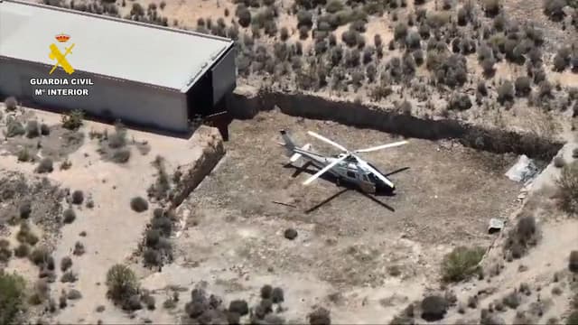 This handout photo, taken and released by Spain's Civil Guard on December 13, 2025, shows helicopter, capable of transporting between 500 and 900 kilograms of drugs, during a police raid in southern Spain. (Handout/ Civil Guard)