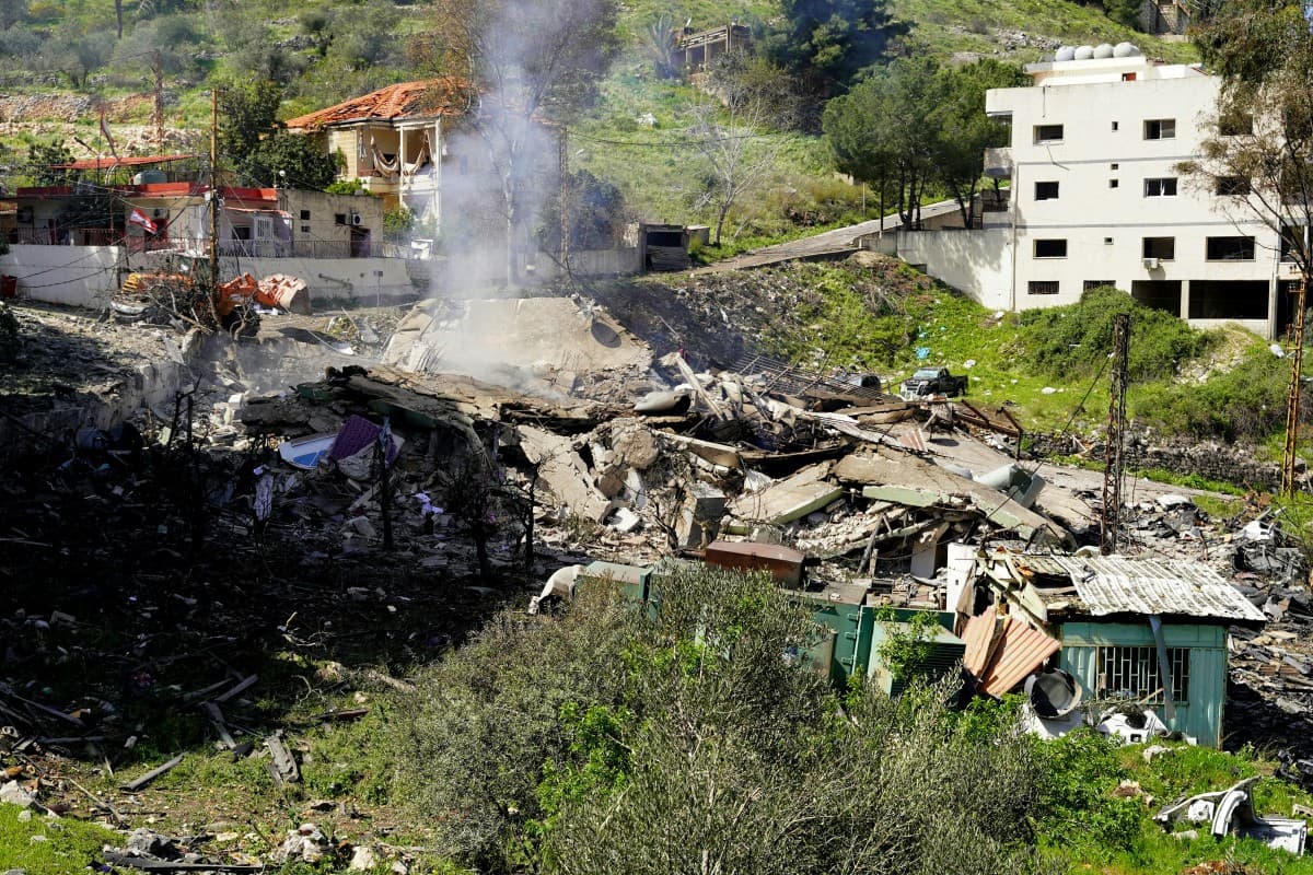 The rubble of a destroyed building is pictured after overnight Israeli bombardment on a civil defence station in Lebanon's southern city of Nabatieh on Marsch 18, 2026.