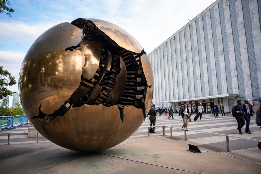 Sphere Within Sphere outside the United Nations Headquarters on the first day of the 80th session of the UN General Assembly's High-Level week,
