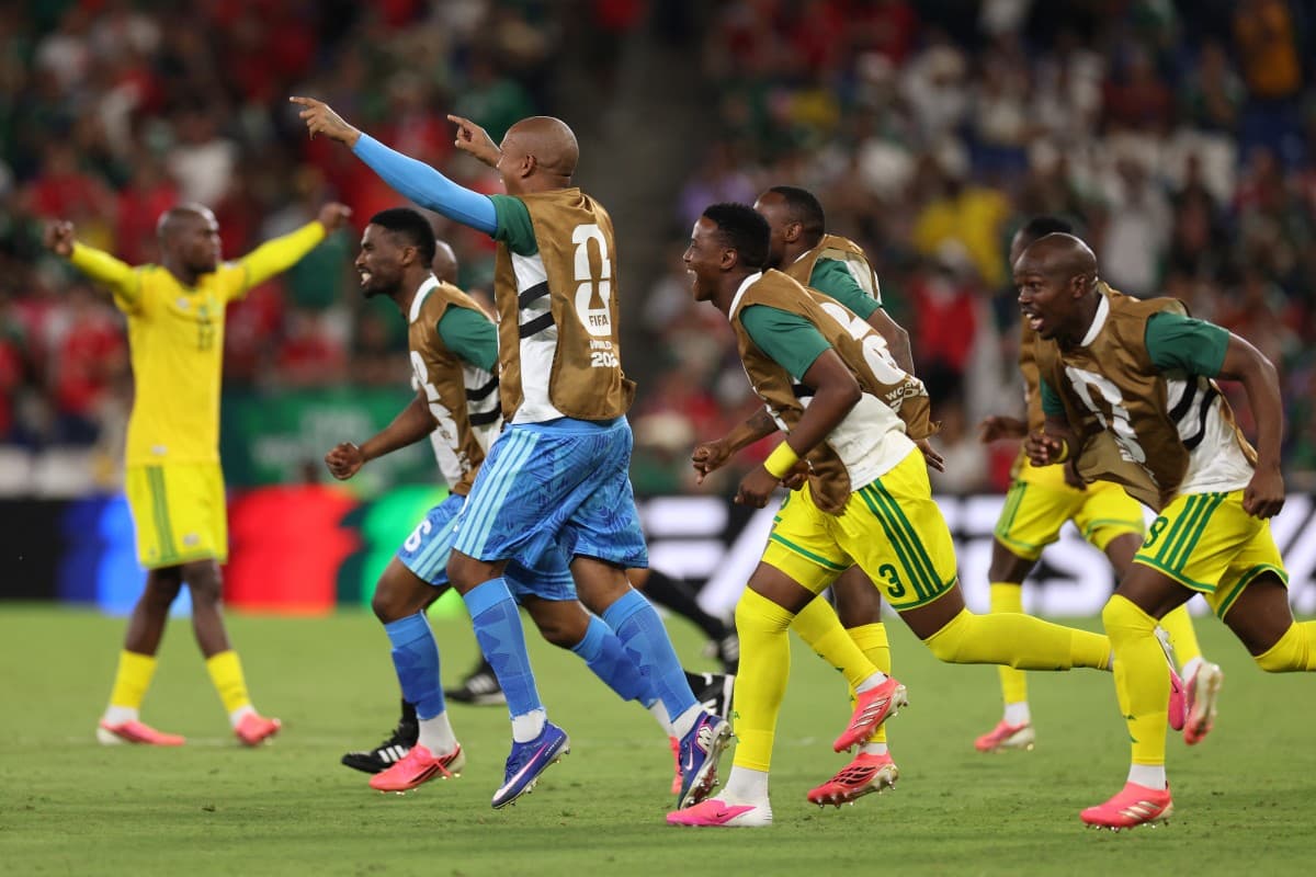 South African players celebrate the 1-0 victory in the 2026 World Cup Group A football match between South Africa and South Korea at the Monterrey Stadium in Guadalupe, Mexico, on June 24, 2026. (Photo: AFP)