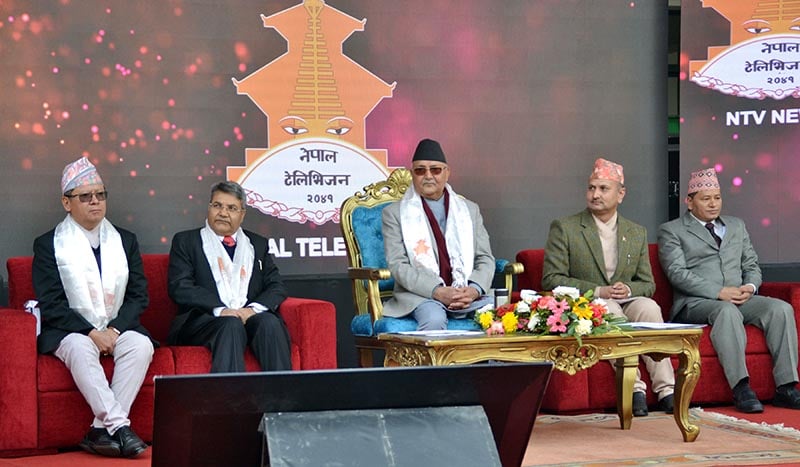 Former Nepali Prime Minister KP Sharma Oli, along with other officials, attends the inaugural session marking the launch of the high-definition versions of four Nepal Television (NTV) channels on its 34th anniversary, January 30, 2019. (File photo: The Hi