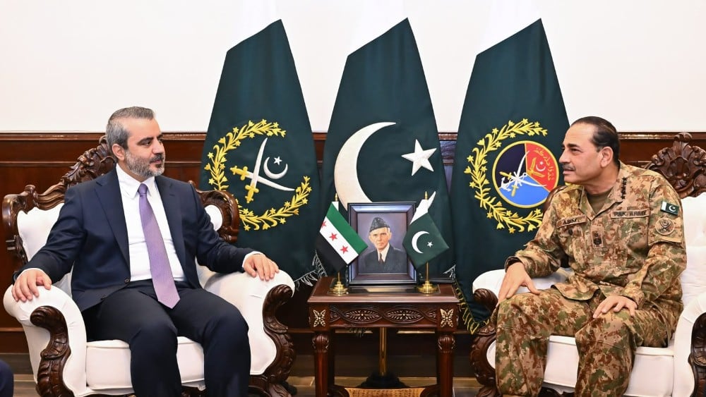 Syrian Foreign Minister Asaad Hassan Al-Shaibani calls on Chief of Defense Forces Field Marshal Asim Munir at GHQ in Rawalpindi on August 21, 2026. (Photo: ISPR)