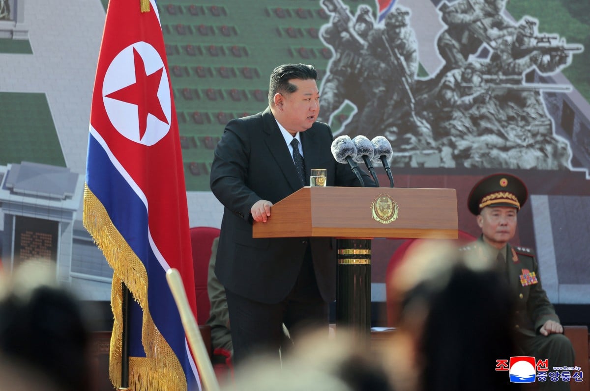 North Korean leader Kim Jong Un speaks at a Pyongyang memorial groundbreaking on Oct. 23, 2025, highlighting growing ties with Moscow. (AFP)