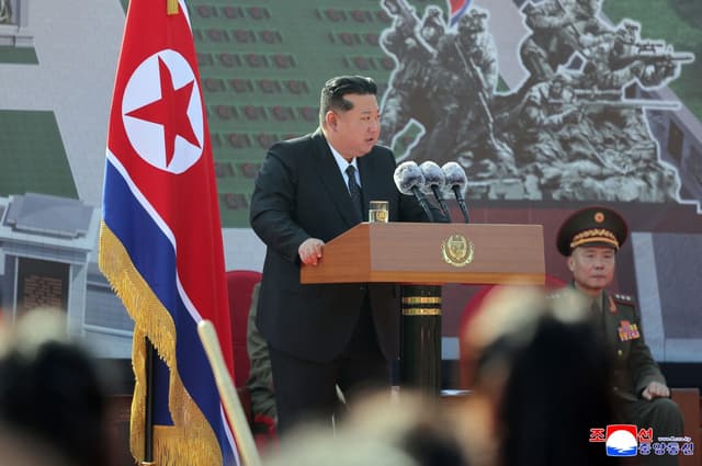 North Korean leader Kim Jong Un speaks at a Pyongyang memorial groundbreaking on Oct. 23, 2025, highlighting growing ties with Moscow. (AFP)