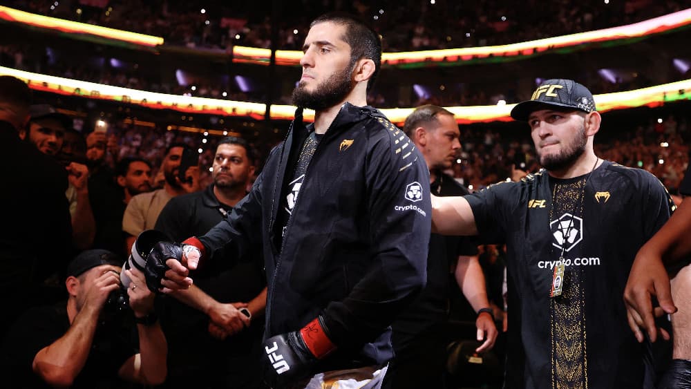 Islam Makhachev of Russia walks to the octagon before a welterweight title bout against Ian Machado Garry of Ireland during UFC 330 at Xfinity Mobile Arena on August 15, 2026 in Philadelphia, Pennsylvania. (AFP)