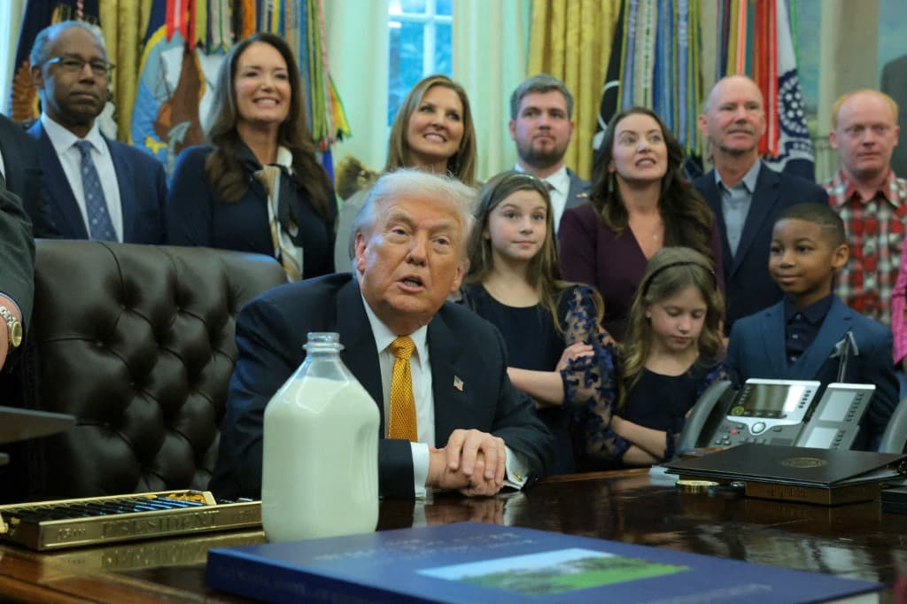 US President Donald Trump speaks during a bill signing with dairy farmers in the Oval Office of the White House on January 14, 2026 in Washington, DC. Trump signed a series of bills.