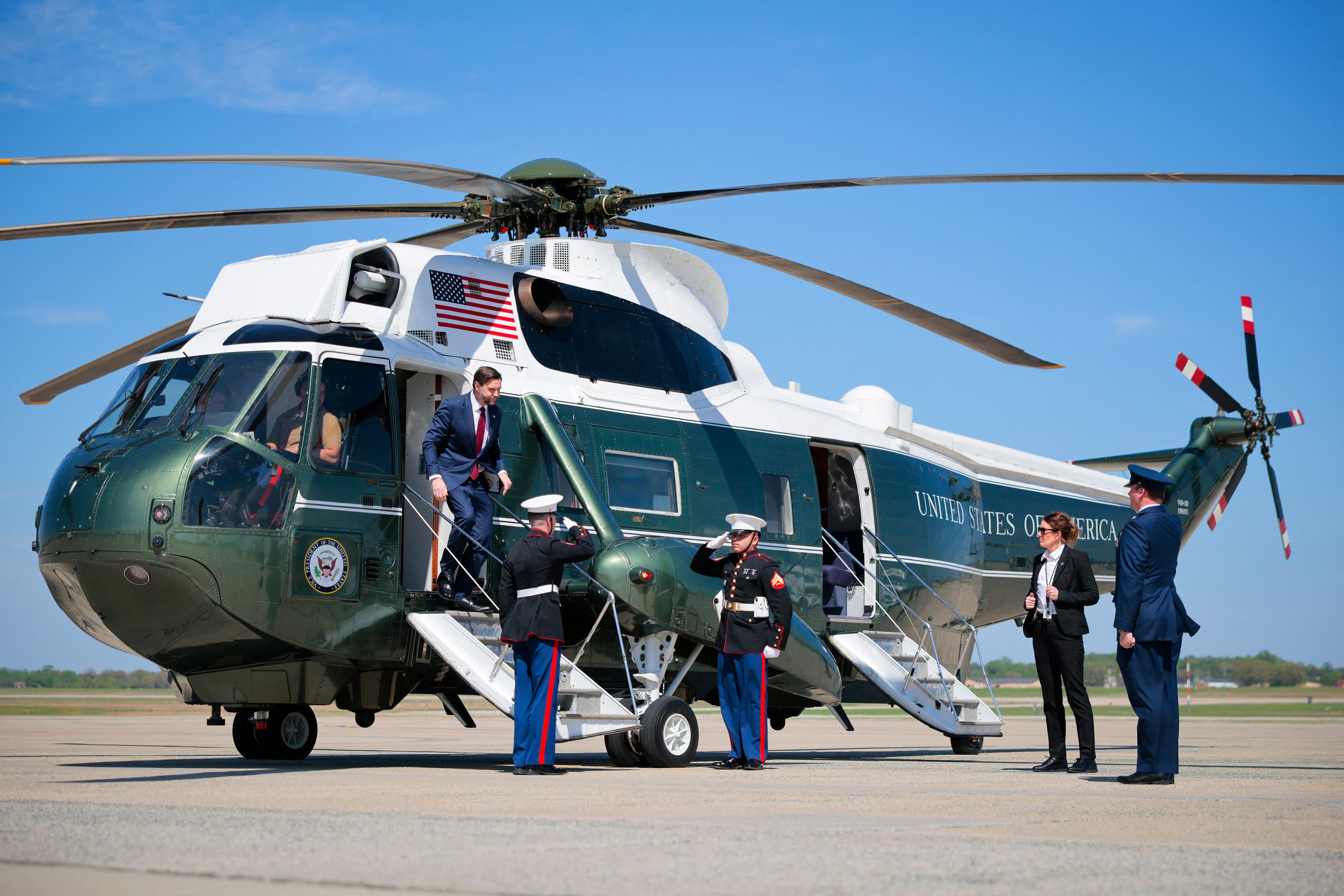 US Vice President JD Vance steps off Marine Two before departing on Air Force Two from Joint Base Andrews in Maryland on April 14, 2026. (AFP)